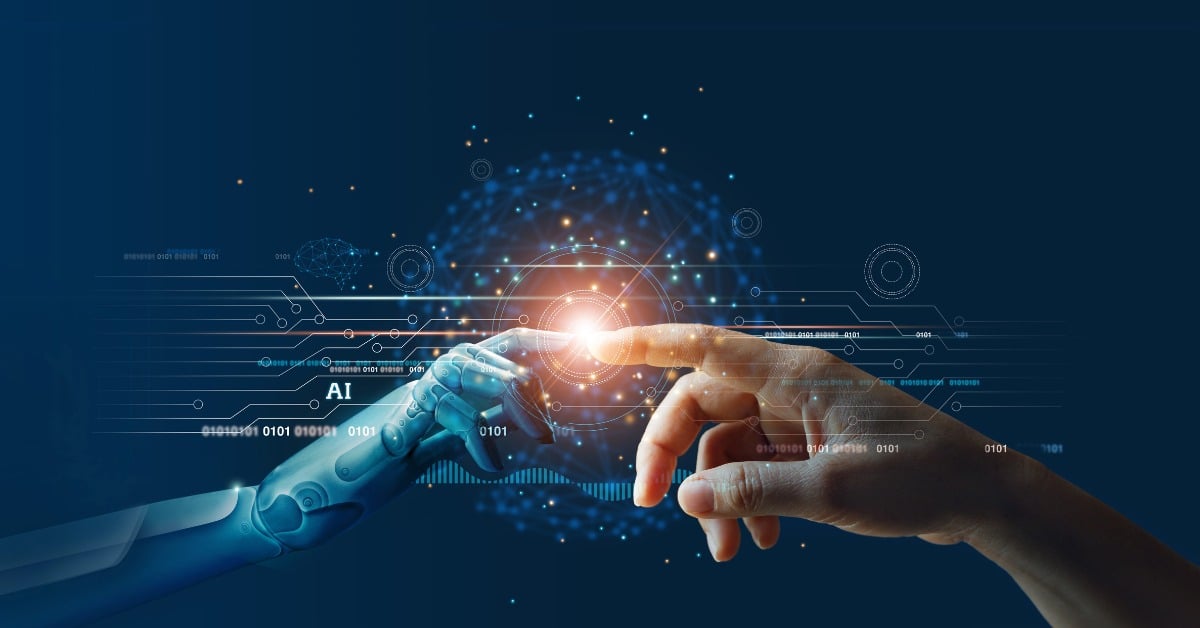 AI, Machine learning, Hands of robot and human touching on big data network connection background, Science and artificial intelligence technology, innovation and futuristic