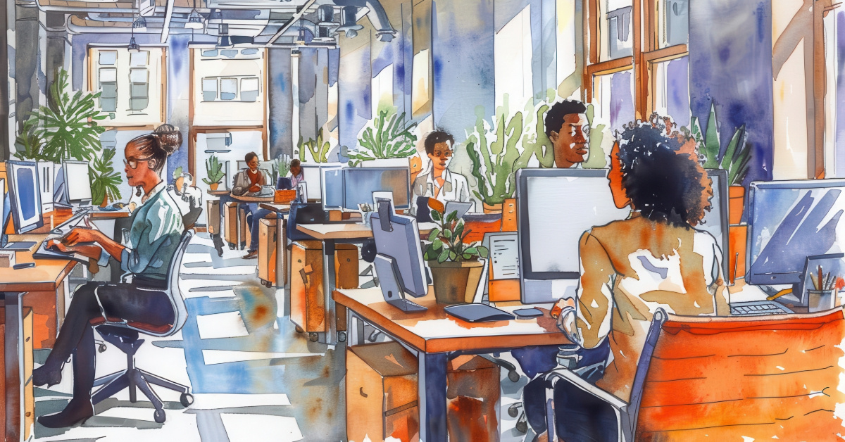 Inclusive Workplace A watercolor depiction of a diverse office environment, highlighting the importance of inclusivity